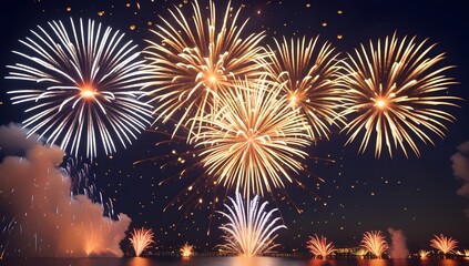 Photograph of a Night Sky Filled with Vibrant Fireworks: Symmetrical Patterns in Bright Whites, Oranges, and Yellows Against a Dark Background for a Festive Atmosphere