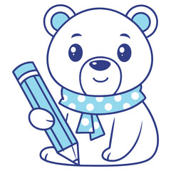 Cheerful White Cartoon Polar Bear with Light Blue Scarf and Pencil