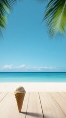 Obraz premium Ice cream cone on wooden deck overlooking tropical beach with palm leaves and clear blue sky