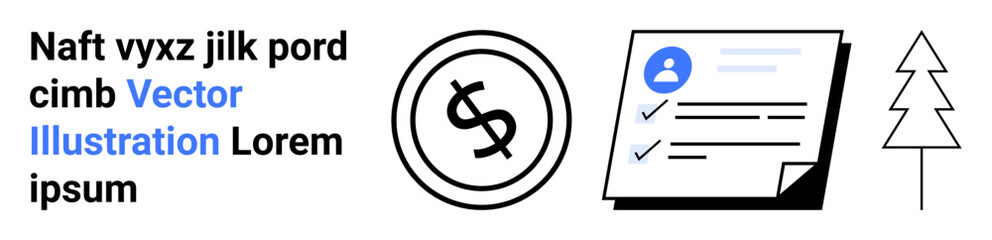 Dollar sign, checklist on paper with blue user icon, and simple tree line art. Ideal for finance, productivity, document management, environment, minimalism eco-finance corporate identity. Abstract