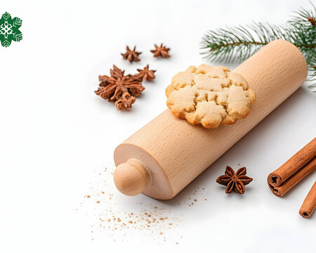 Snowflake cookie on wooden rolling pin with cinnamon and star anise