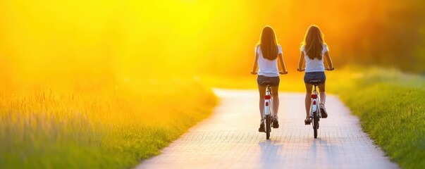 Two young females biking on sunny path in summer landscape