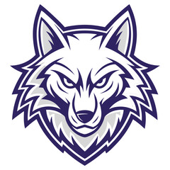 Obraz premium Fierce Wolf Head Mascot with Intense Eyes and Purple Outline on White Background