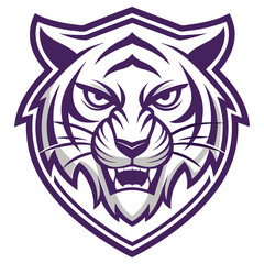 Aggressive Purple Tiger Mascot Head with White and Gray Details on Shield Background