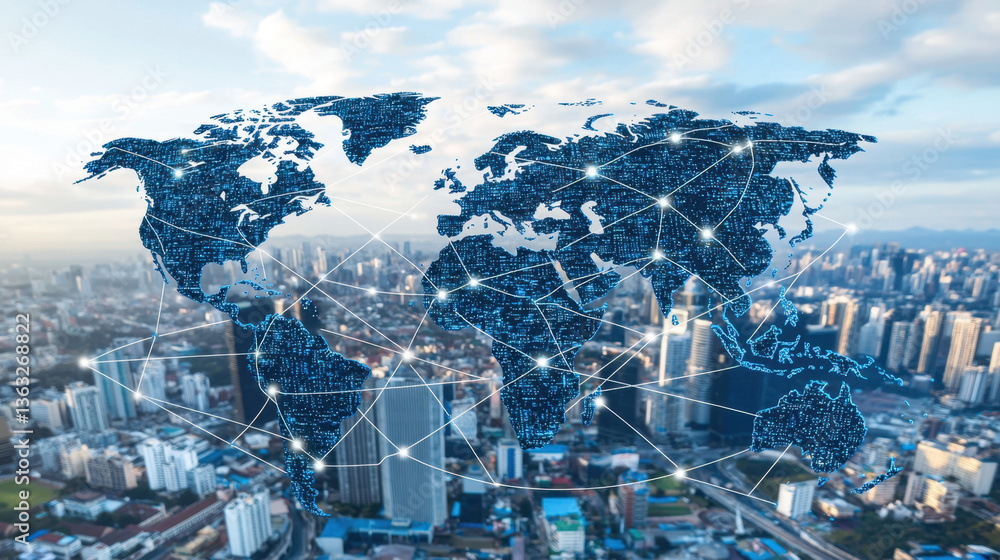 Poster global network connection aerial view of city with digital world map overlay