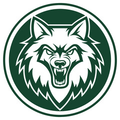 Aggressive Wolf Mascot Emblem Green and White Circular Border Isolated Art