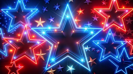 Bright Neon Stars in Red, White, and Blue Against Dark Background  