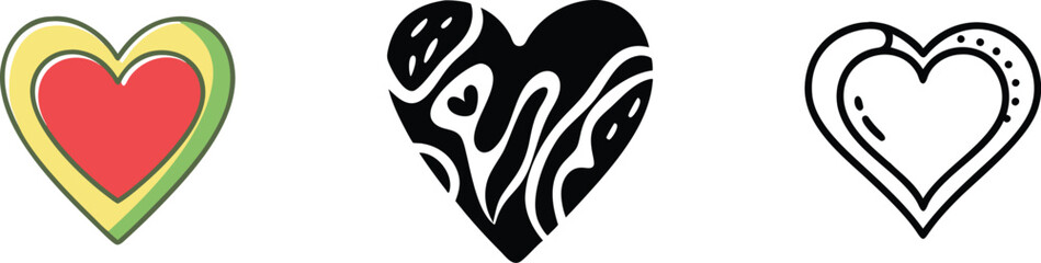 Three Colorful Heart Designs Red, Black, and Outline Styles