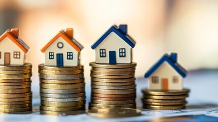 Stack of coins with miniature houses on top, saving for real estate and future housing investment. generative ai