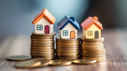 Stack of coins with miniature houses on top, saving for real estate and future housing investment. generative ai