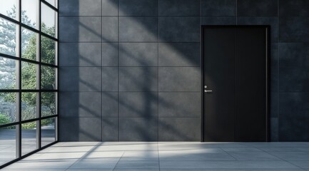 Modern interior with dark grey wall, large window, and black door.