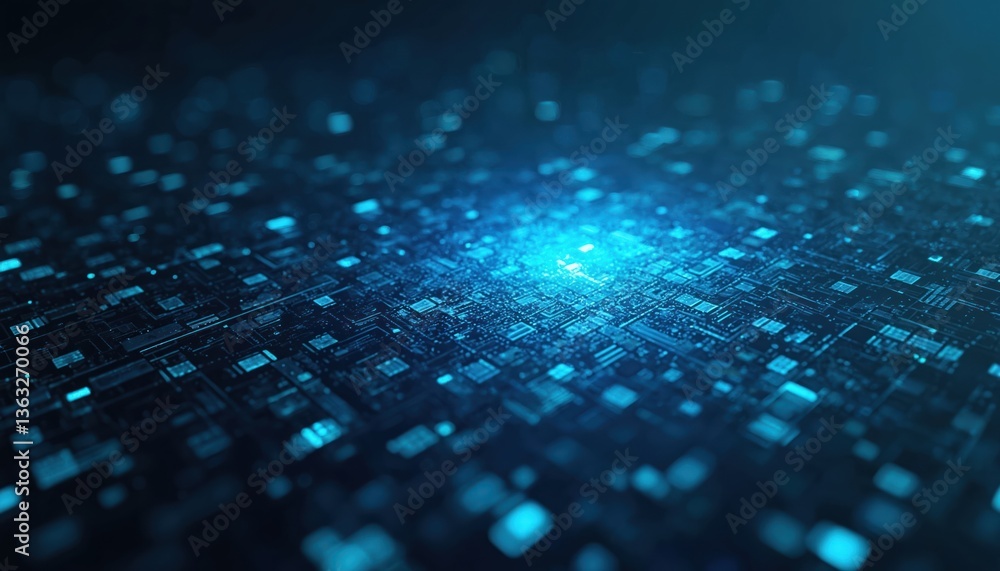 Poster Digital tech background. Blue pixel pattern illustration. Futuristic digital data, square pixel elements. Modern tech network design, data grid. Perfect for tech, business, innovation, AI topics.