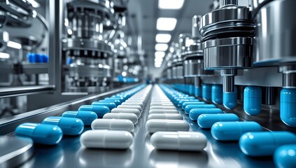 Obraz premium Professional Photograph of a Conveyor Belt in a Pharmaceutical Factory: Blue and White Capsules Neatly Arranged as a Machine Deposits Them in a Clean and Sterile Environment