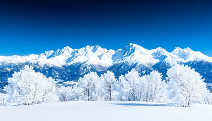 Snowy mountain range, frost-covered trees, clear blue sky