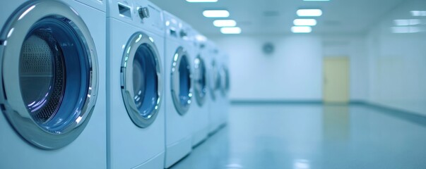 Row of washing machines in modern laundry facility with bright lighting