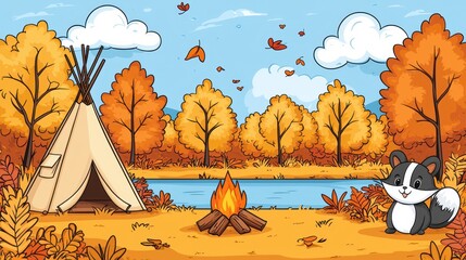 A whimsical camping scene, featuring a teepee, tents, a crackling campfire, and playful woodland creatures like squirrels and raccoons, invites children to unleash their creativity with vibrant 