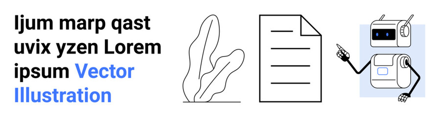 Robot pointing at a document alongside decorative abstract shapes and stylized text. Ideal for technology, automation, education, communication, artificial intelligence, presentations, simple landing