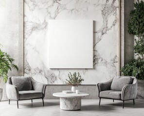 Modern interior with marble wall, chairs, and blank canvas.
