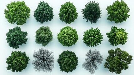 Cutout top view trees set. Aerial view of various trees set against a white background. landscaping 3d render on white background.