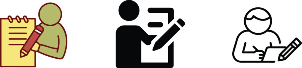 Person Writing Note Taking Icons Pencil, Pad, List, Document