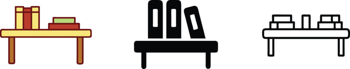 Simple Table Icons Books, Stacks, Desk, Office, Study, Color, Black, White