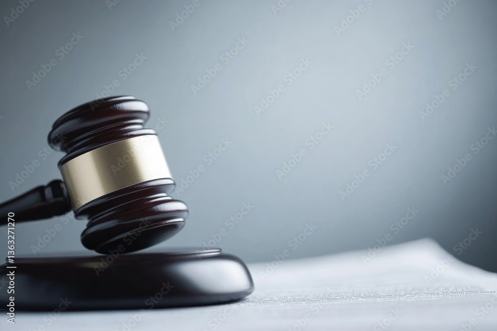 Poster capture close-up image of gavel resting on financial document illuminated by soft light with ample c