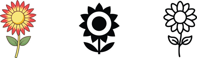 Colorful Flower Icons Red, Black, White Variations, Simple Designs