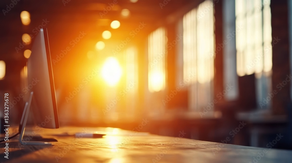Aufkleber sunlit modern office space with computer and blurred background at sunset