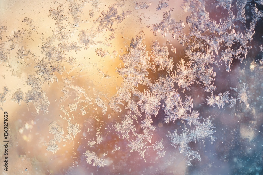 Poster intricate frost patterns on a windowpane, illuminated by warm, golden light.