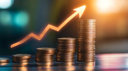 Stacked coins in ascending order with a glowing arrow pointing upwards, symbolizing economic expansion generative ai