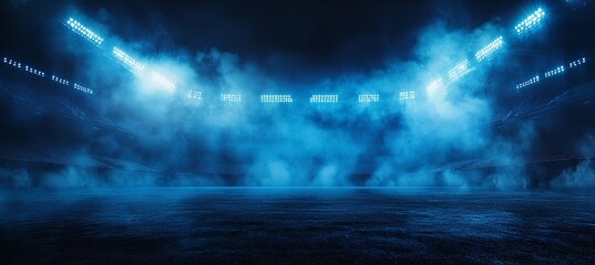 Mysterious blue-lit stadium, shrouded in fog.  An evocative scene of anticipation and potential.
