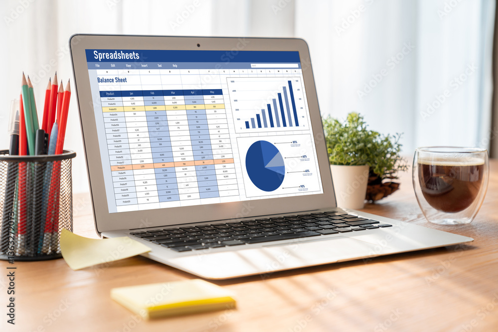 Poster spreadsheet document information financial startup concept. data and graphs in spreadsheet documents