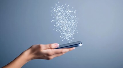 Female hand holding smartphone with digital network hologram on blue background