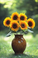 Bright sunflowers arranged in a ceramic vase set against a lush green background