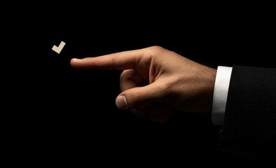 Hand pointing at a checkmark symbol on black background. - obrazy, fototapety, plakaty