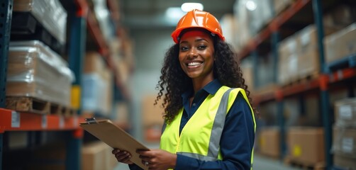 Smiling black woman engineer, warehouse worker with orange hard hat safety vest. African American female factory operator holding clipboard. Logistics manager inspects production, checks goods,