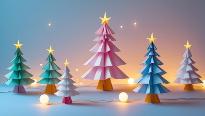 Whimsical Row of Colorful Origami-Style Paper Trees with Stars: Festive Geometric Design on a Gradient Background of Blue to Orange with Gentle Glowing Lights