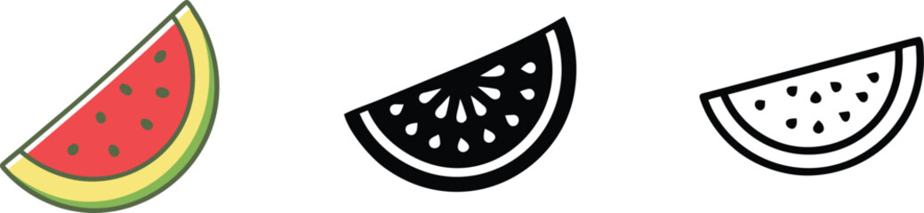 Watermelon Slice Icons Color, Black, Outline, Summer Fruit