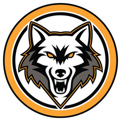 Mascot Style Wolf Head Snarling in Circle Emblem, White, Gold and Black Colors