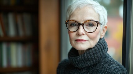 Mature woman with glasses, thoughtful expression