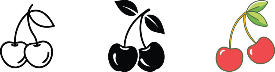 Cherries Illustration Red, Black, Line Art, Fruit Icons