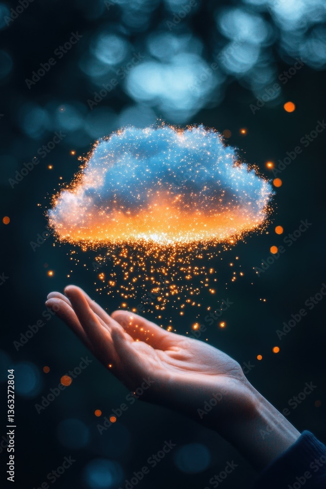Poster Hand holding sparkling cloud with glowing particles against dark background creating magical atmosphere and enchanting visual effect