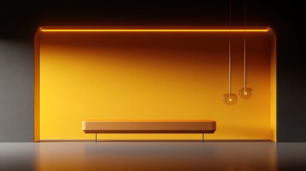 Modern minimalist interior with orange bench and ambient lighting