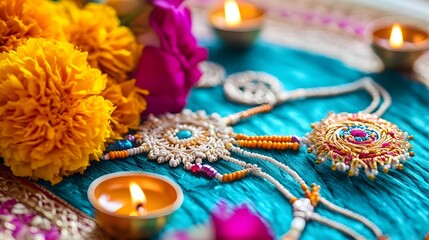Close-up of ornate beaded jewelry resting on vibrant teal fabric, adorned with bright marigold flowers and lit diyas.  A scene of rich cultural detail and festive ambiance.