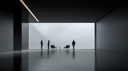 Obraz premium Minimalist modern interior with three figures in a spacious room