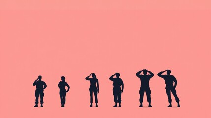 Obraz premium minimalist flat design illustration showing diverse armed forces personnel saluting with patriotic symbolism showcasing