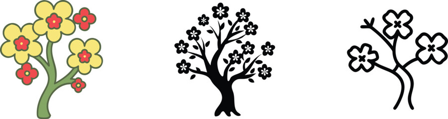 Floral Tree Illustrations Colorful, Black, and Outline Designs