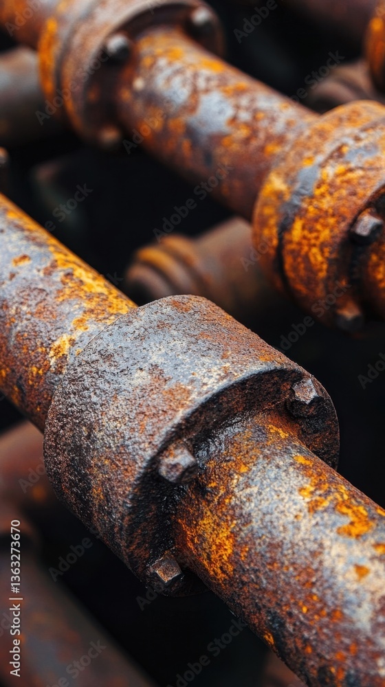 Aufkleber close up of weathered rusty metal pipes with bolts and flanges showing texture and corrosion in dark