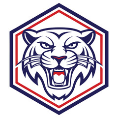 Roaring Tiger Head within Geometric Badge with Sharp Lines and Intense Gaze Design