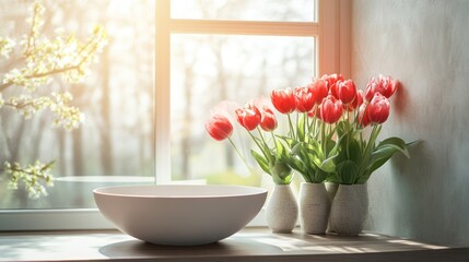 Fresh red tulips and a bowl sit near a bright window